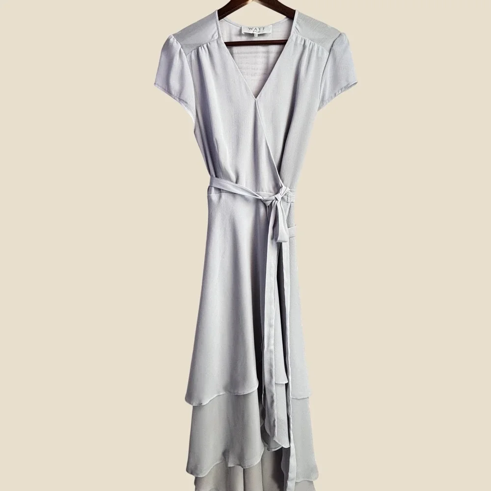Romantic Wrap Midi Dress WAYF M Lavender Blue Crepe Cottage Soft Ethereal Fairy